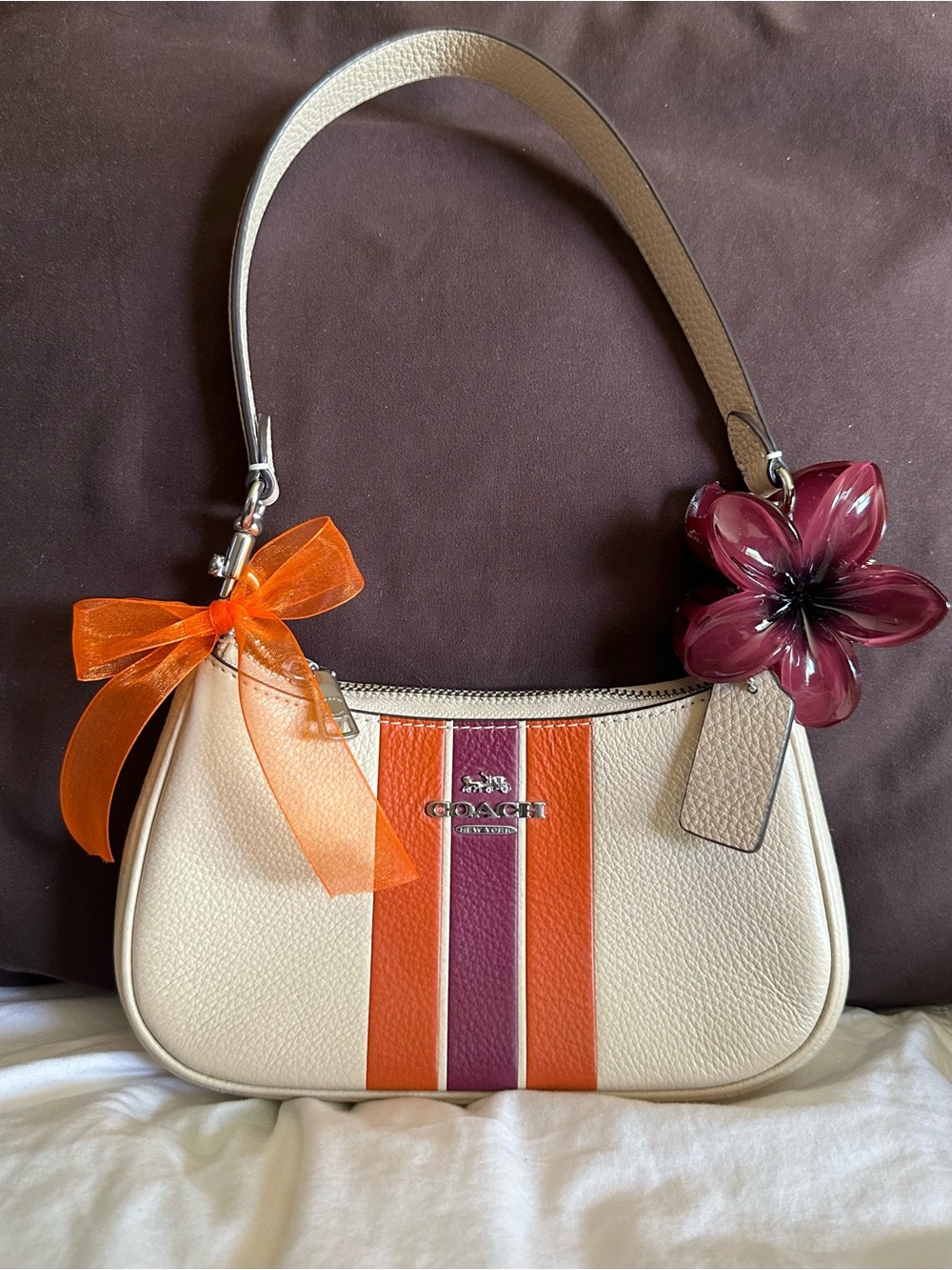 COACH Cream Mini Shoulder Bag with Orange and Pink Stripes